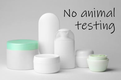 Image of Cosmetic products and text NO ANIMAL TESTING on light background