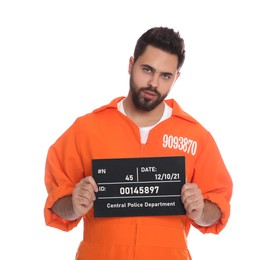 Prisoner with mugshot letter board on white background