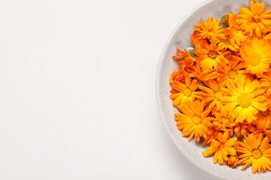 Beautiful fresh calendula flowers in bowl on beige background, top view. Space for text