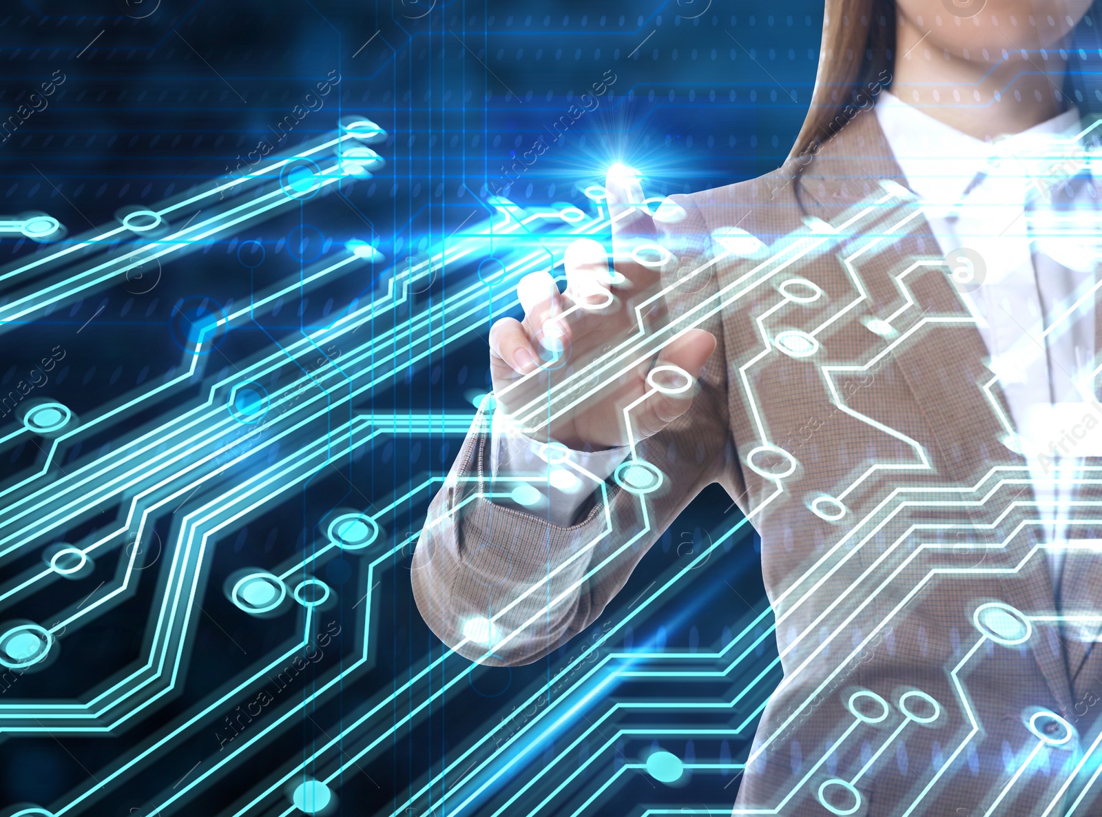 Image of Double exposure of businesswoman touching circuit board illustration, closeup