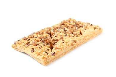 Photo of Grain cereal cookie on white background. Healthy snack