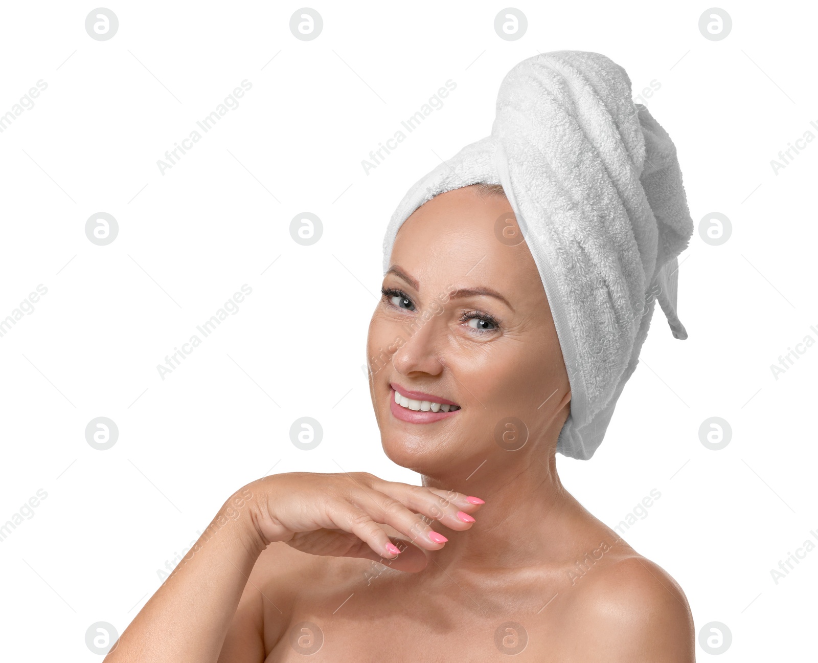 Photo of Portrait of beautiful mature woman with perfect skin on white background