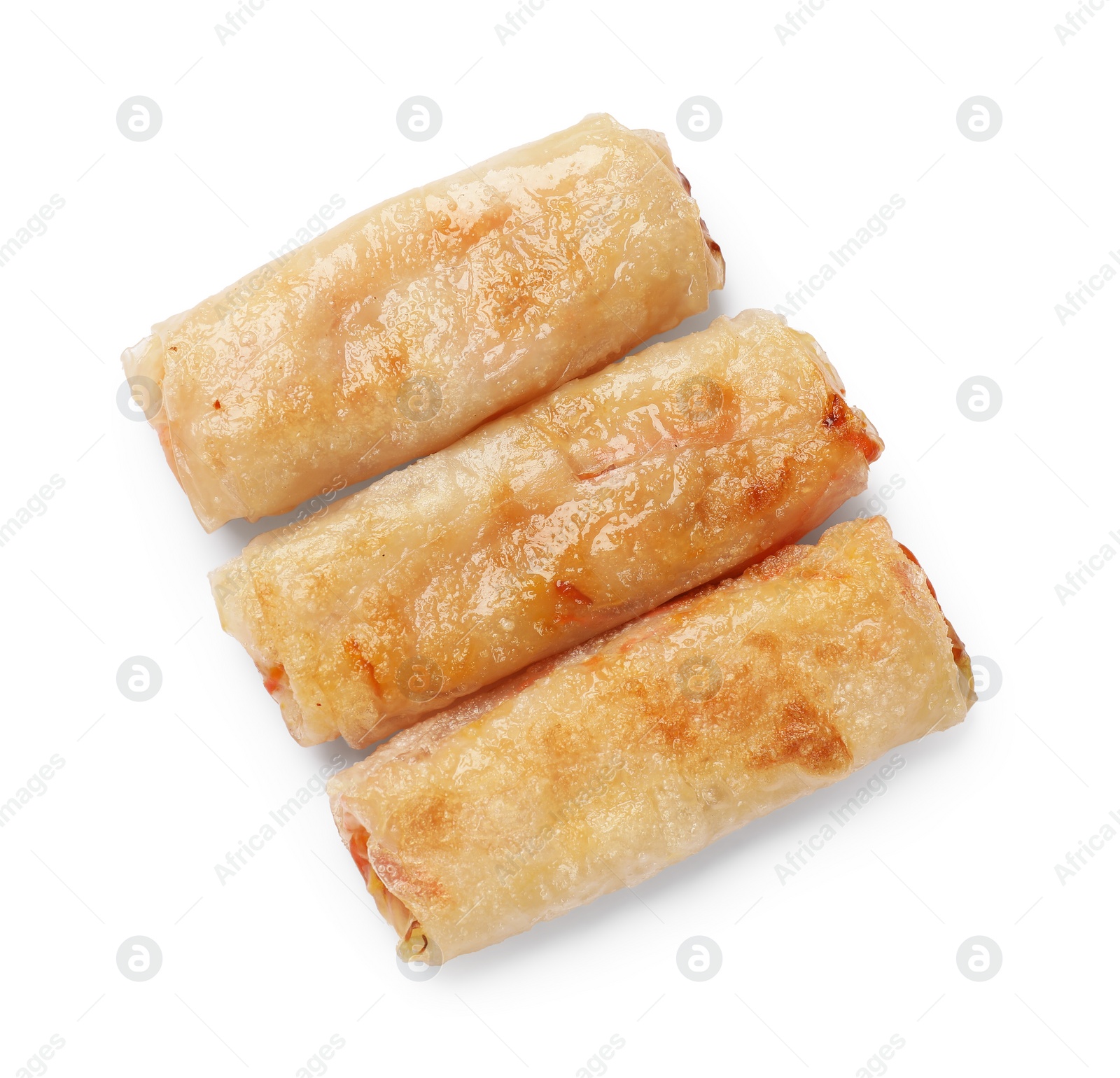 Photo of Tasty fried spring rolls isolated on white, top view