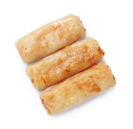 Photo of Tasty fried spring rolls isolated on white, top view