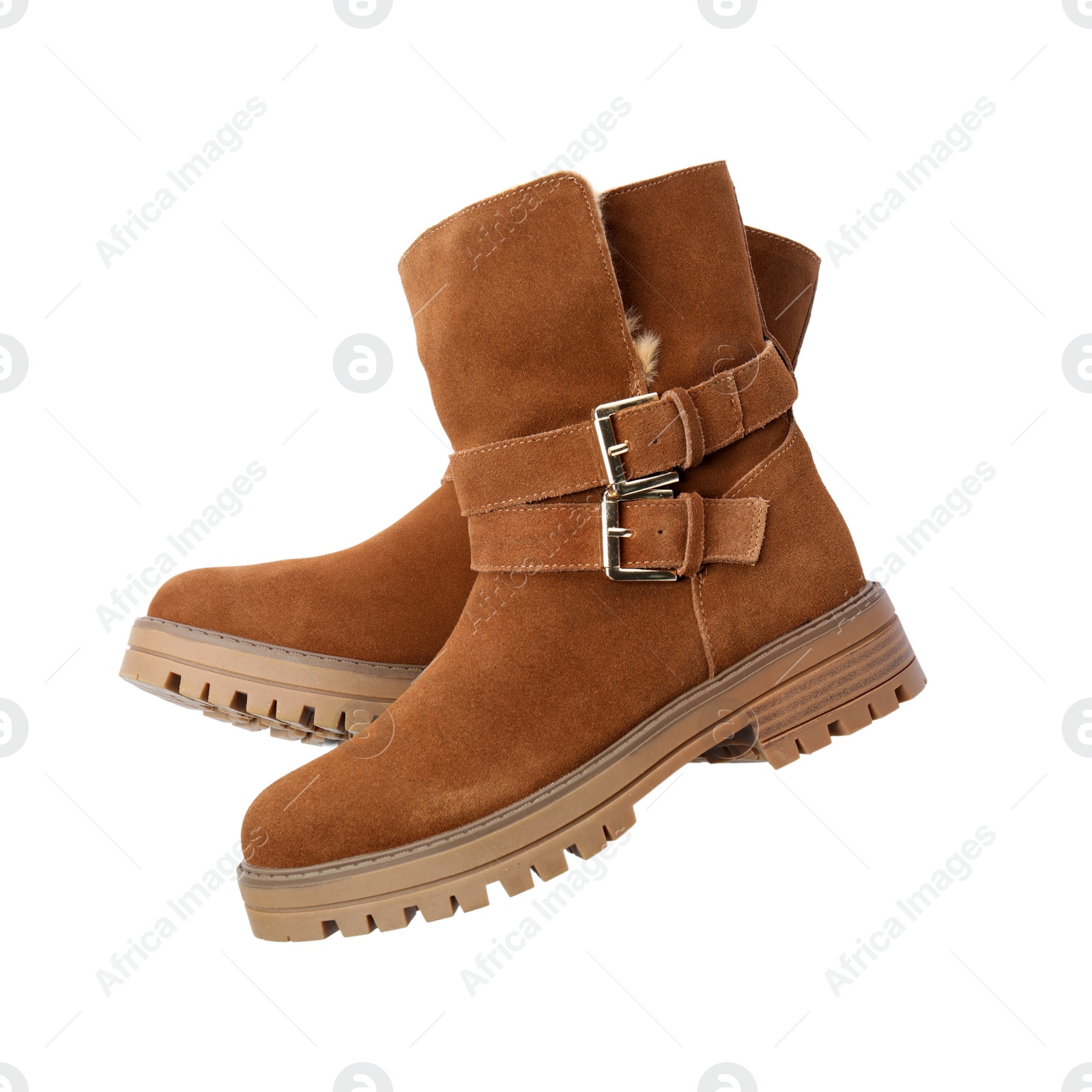 Photo of Pair of stylish suede boots on white background, top view