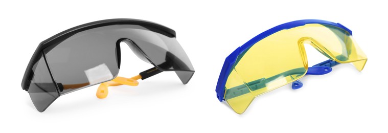Collage with photos of protective goggles on white background, banner design. Safety equipment