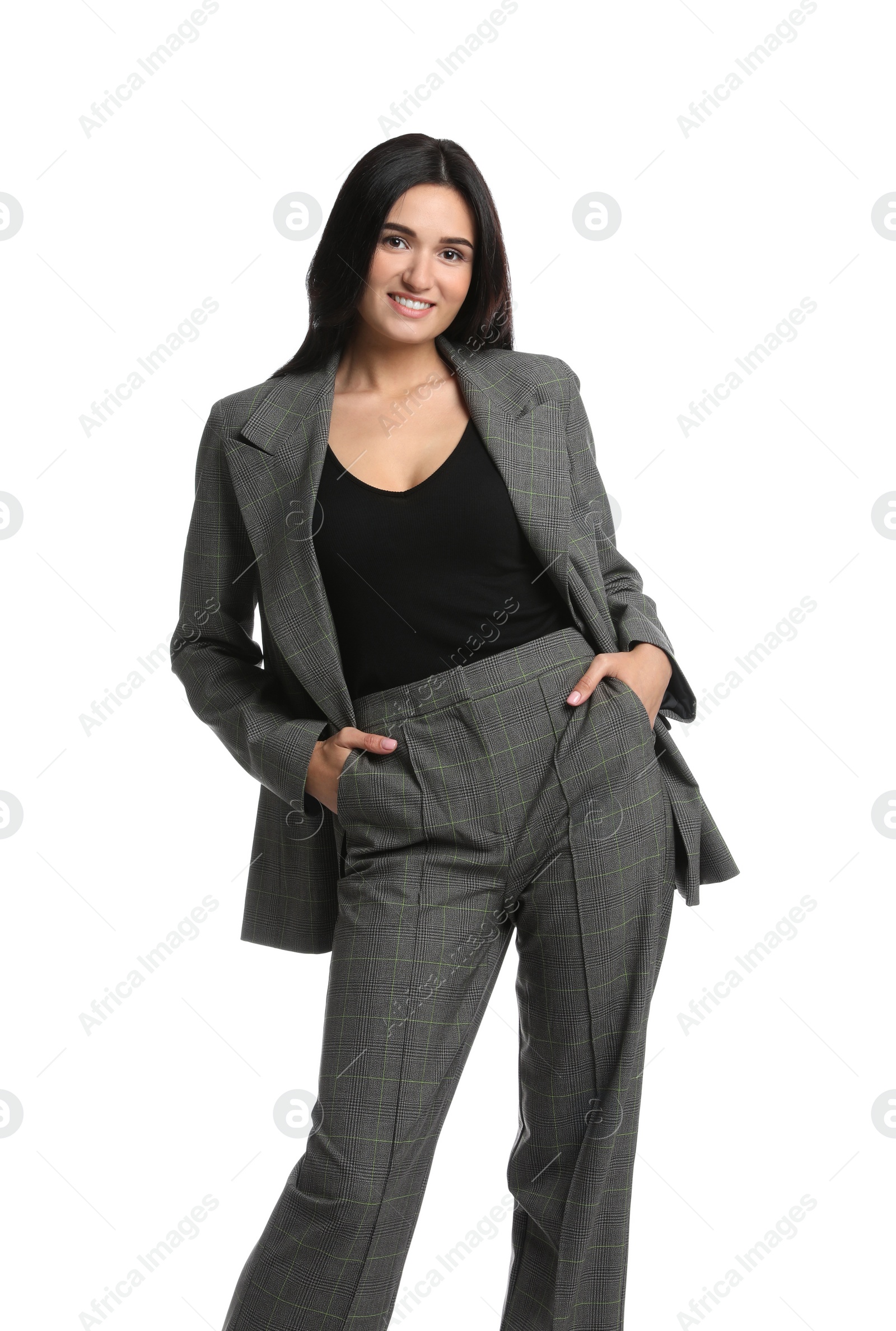 Photo of Beautiful woman in formal suit on white background. Business attire