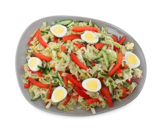 Photo of Plate of delicious salad with Chinese cabbage and quail eggs isolated on white, top view
