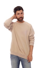 Photo of Embarrassed man in pullover on white background