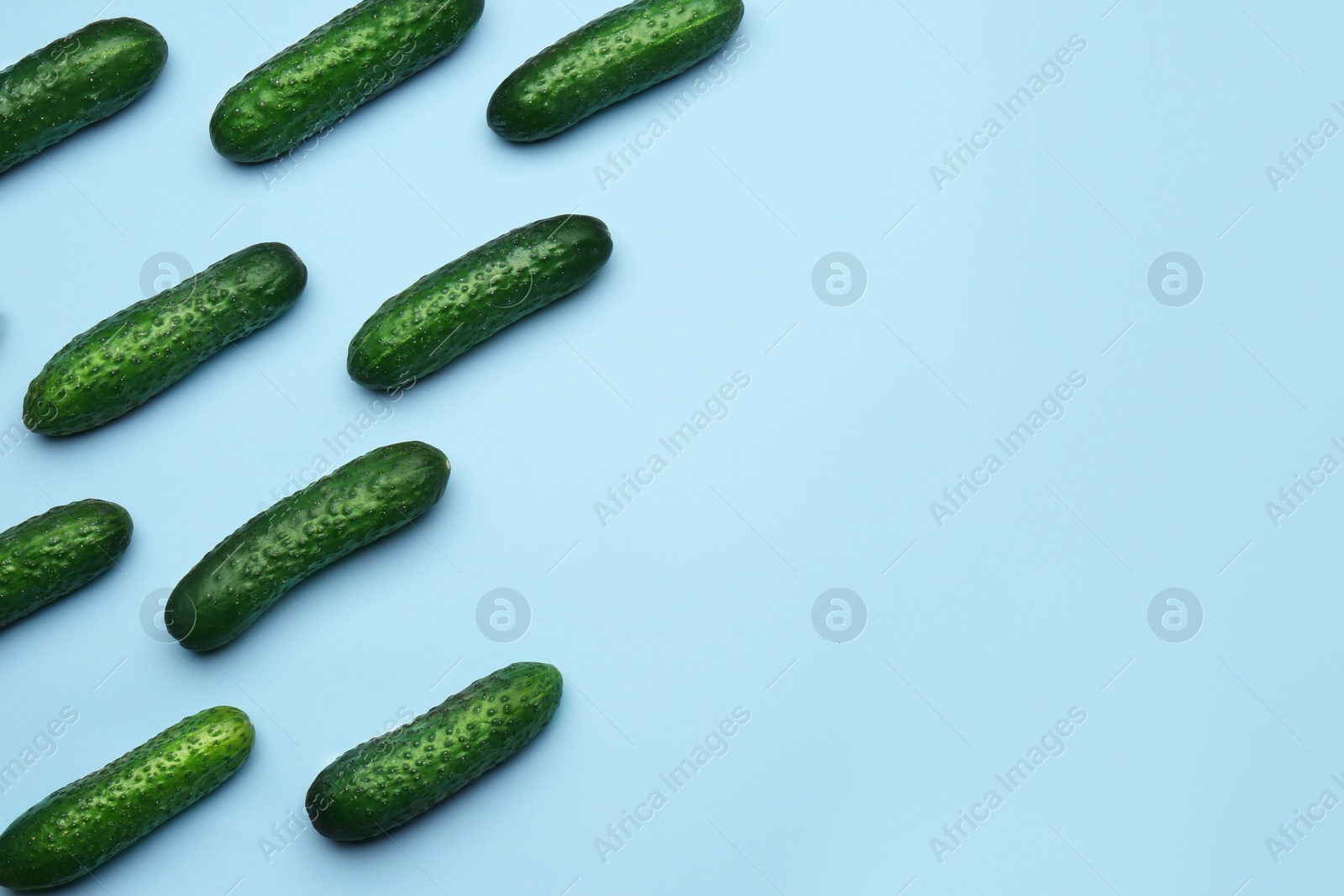 Photo of Flat lay composition with fresh ripe cucumbers on light blue background, space for text