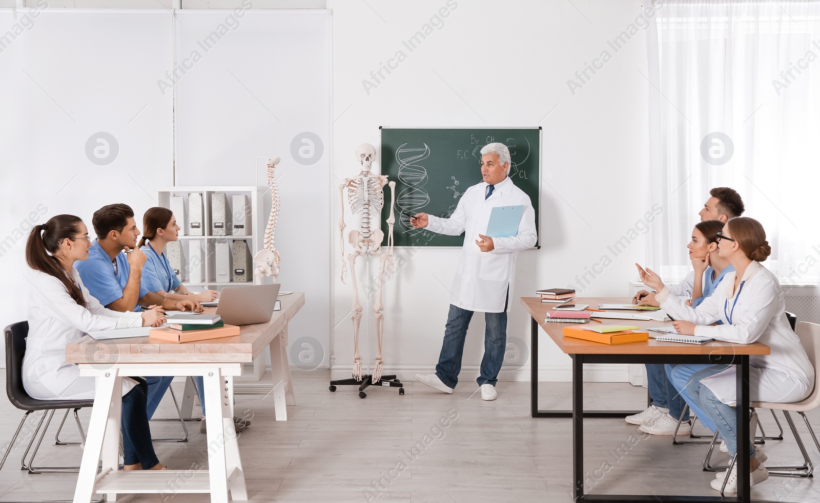 Photo of Medical students and professor studying human skeleton anatomy in classroom