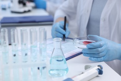 Photo of Laboratory worker holding petri dish with blood sample while working at white table, closeup