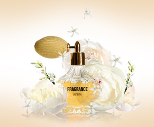 Image of Bottle of luxury perfume and beautiful flowers on beige background