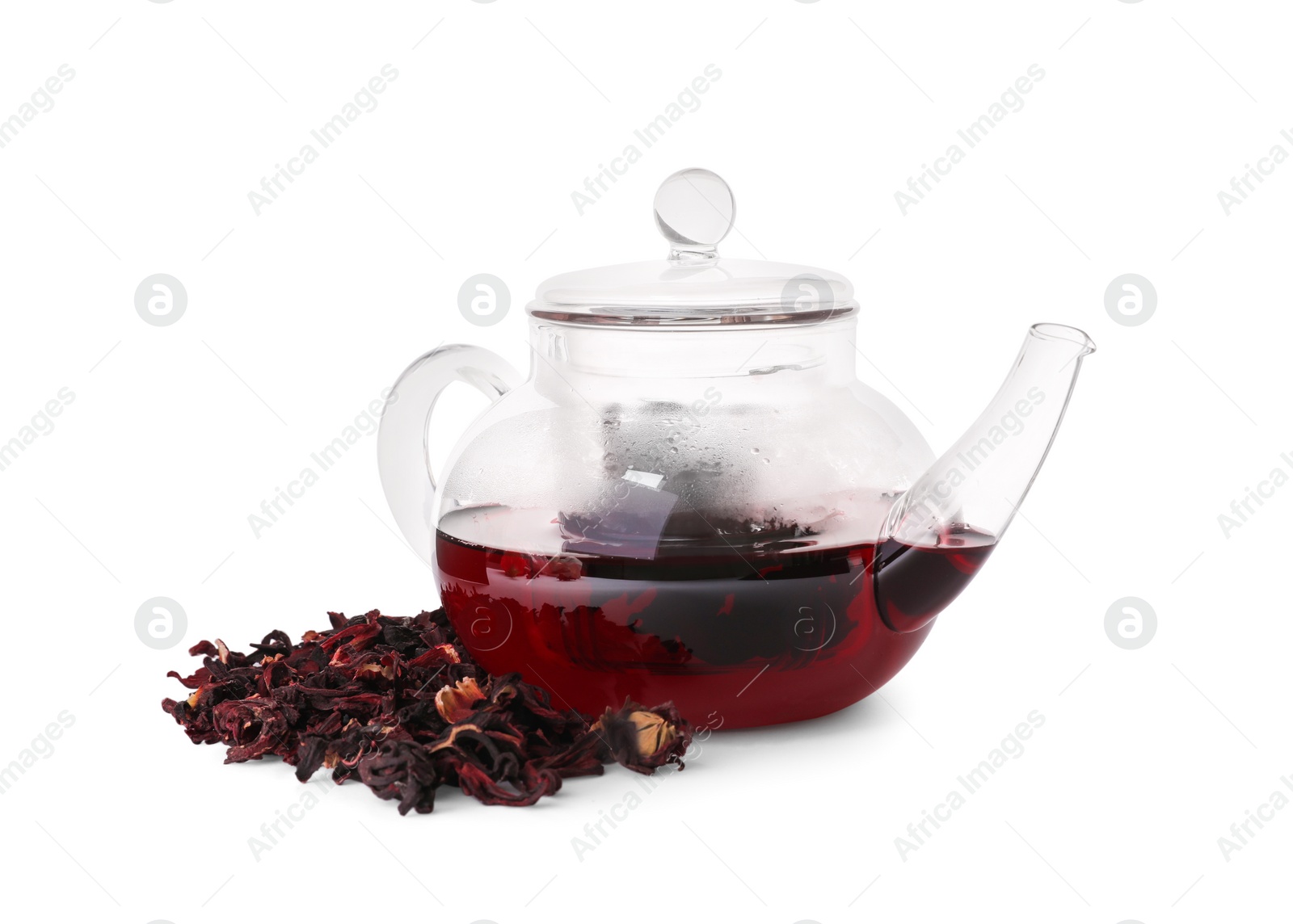 Photo of Freshly brewed hibiscus tea and dry flowers on white background