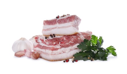 Photo of Pieces of pork fatback served with different ingredients isolated on white