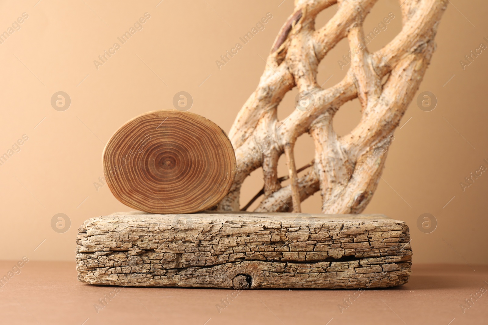 Photo of Presentation for product. Wooden podium and braided tree trunk on beige background