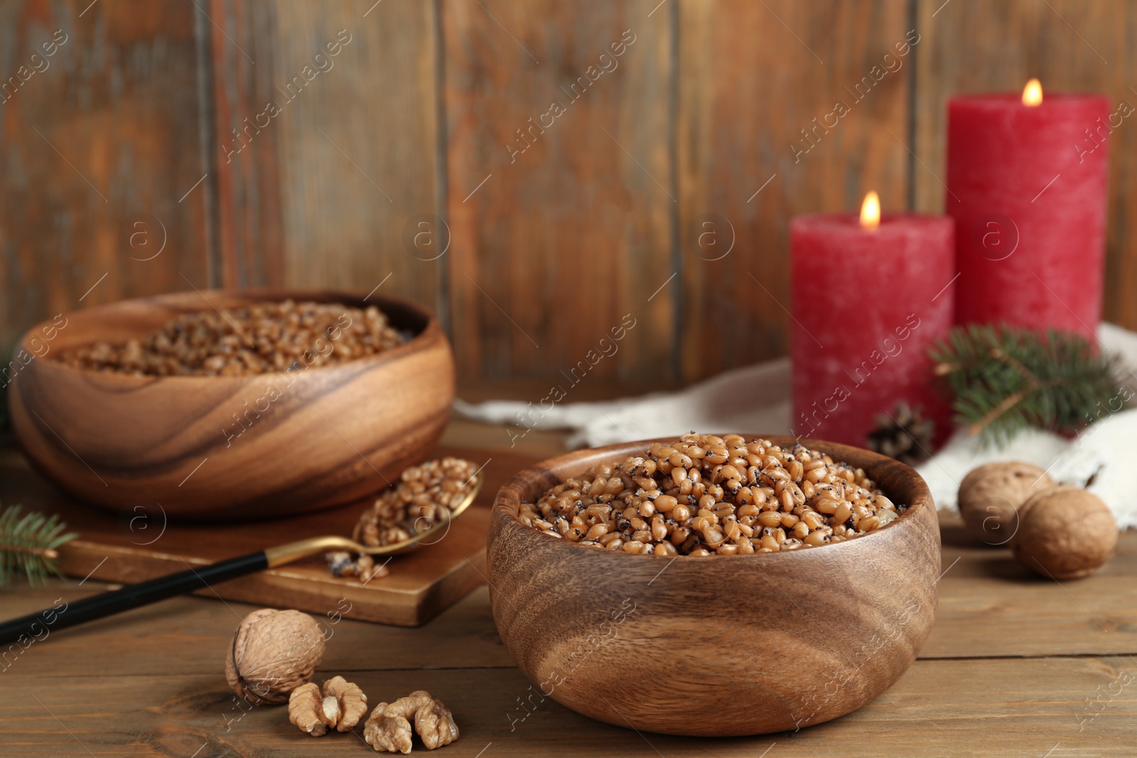 Photo of Traditional Christmas slavic dish kutia served on wooden table. Space for text