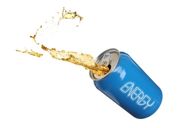 Image of Can of energy drink with splashes on white background