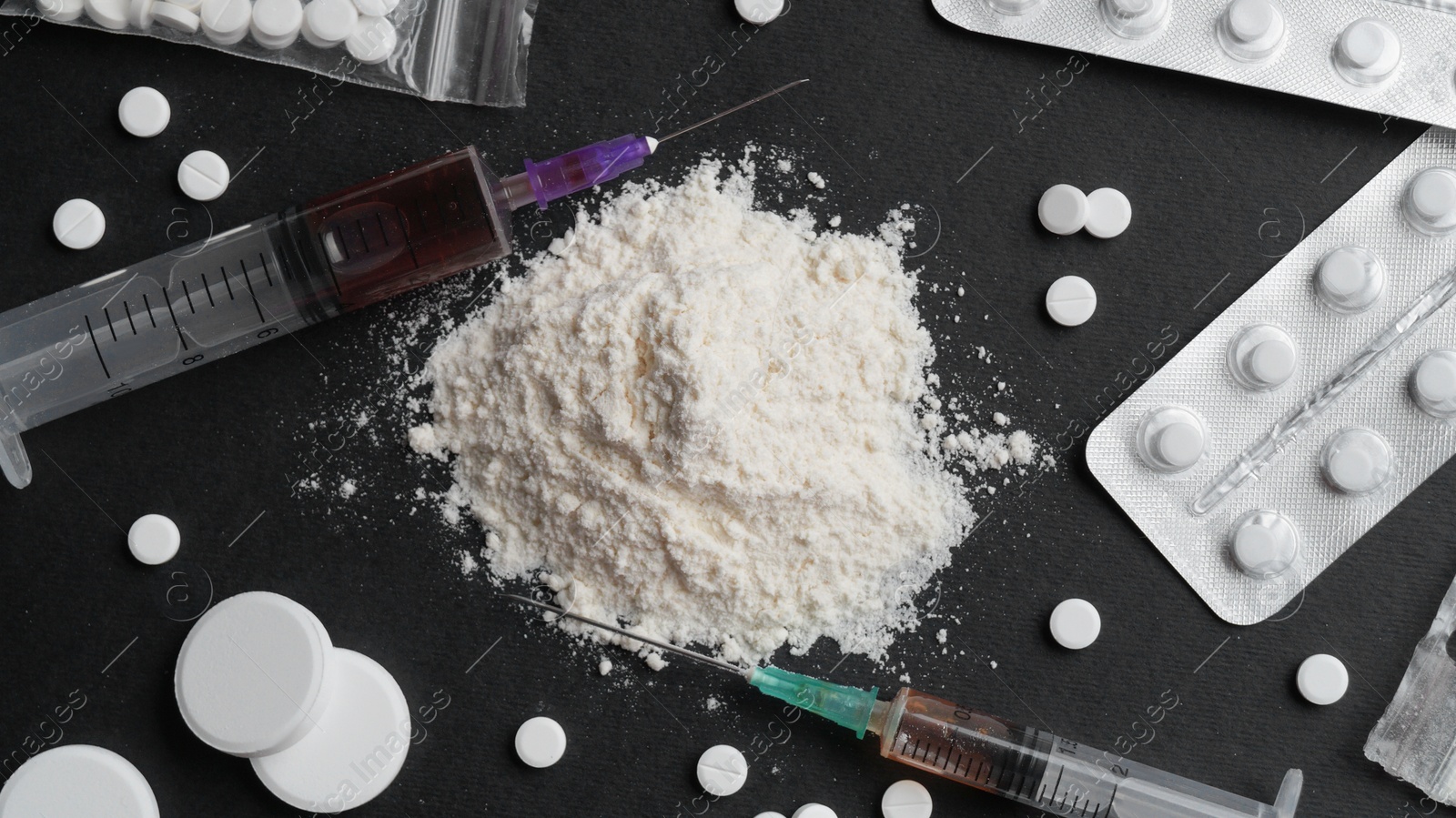 Photo of Many different hard drugs on black background, flat lay