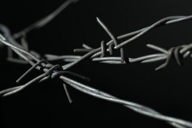 Photo of Shiny metal barbed wire on black background, closeup