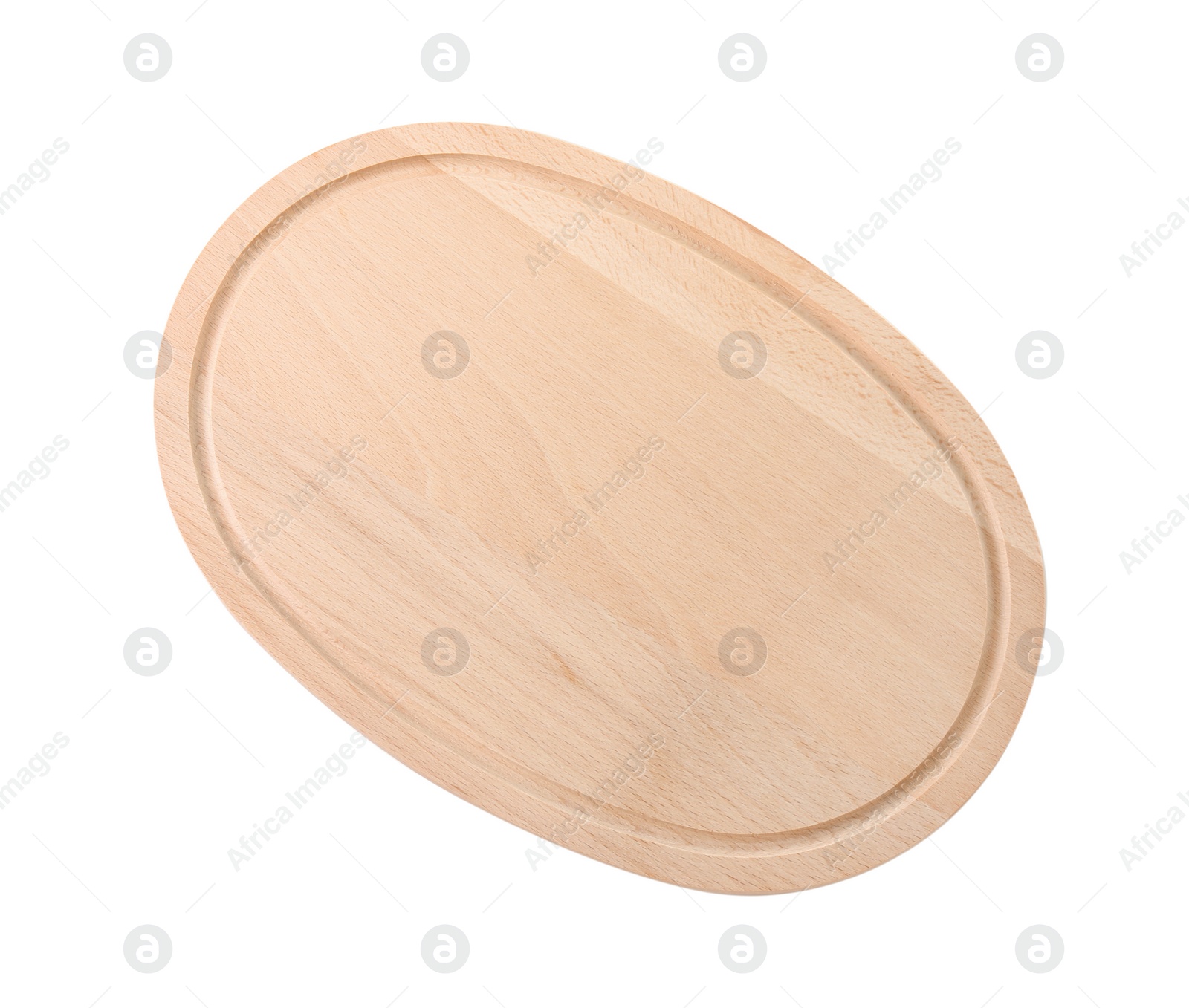 Photo of One wooden cutting board isolated on white, top view