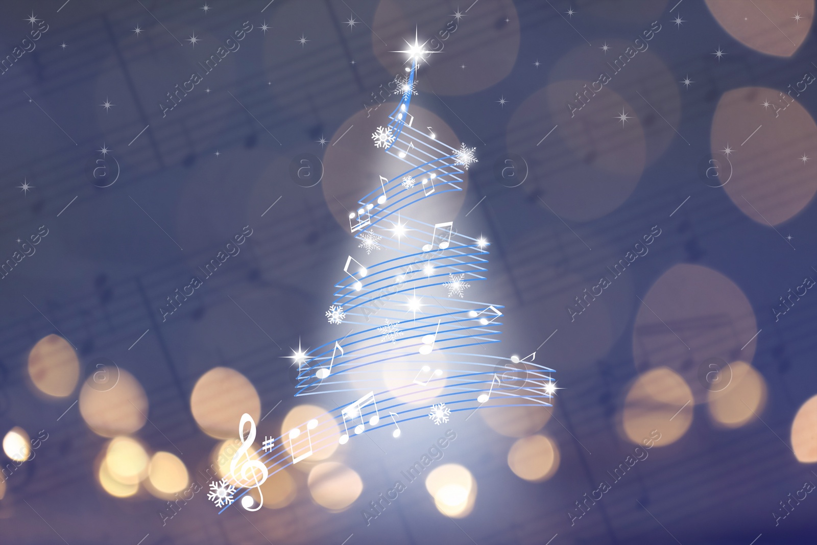 Image of Christmas tree made of music notes and snowflakes against sheet with musical symbols. Bokeh effect