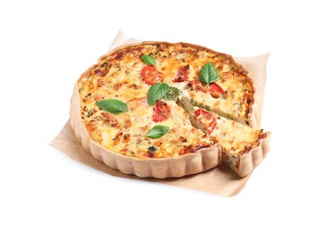 Photo of Tasty quiche with tomatoes, basil and cheese isolated on white