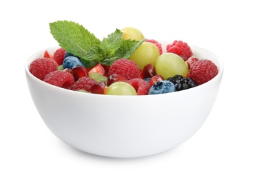 Photo of Fresh tasty fruit salad on white background