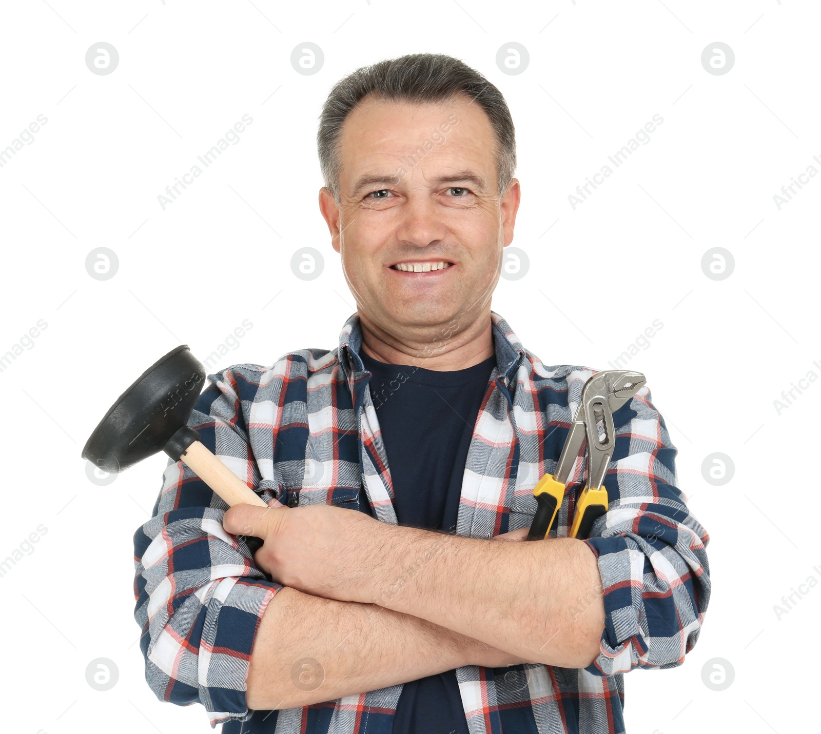 Photo of Mature plumber with adjustable wrench and force cup on white background