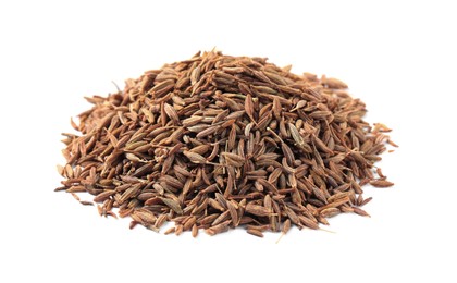 Photo of Heap of aromatic caraway (Persian cumin) seeds isolated on white