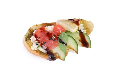 Photo of Delicious bruschetta with balsamic vinegar and toppings isolated on white, top view