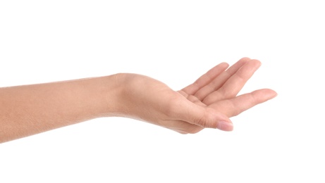 Photo of Abstract young woman's hand on white background