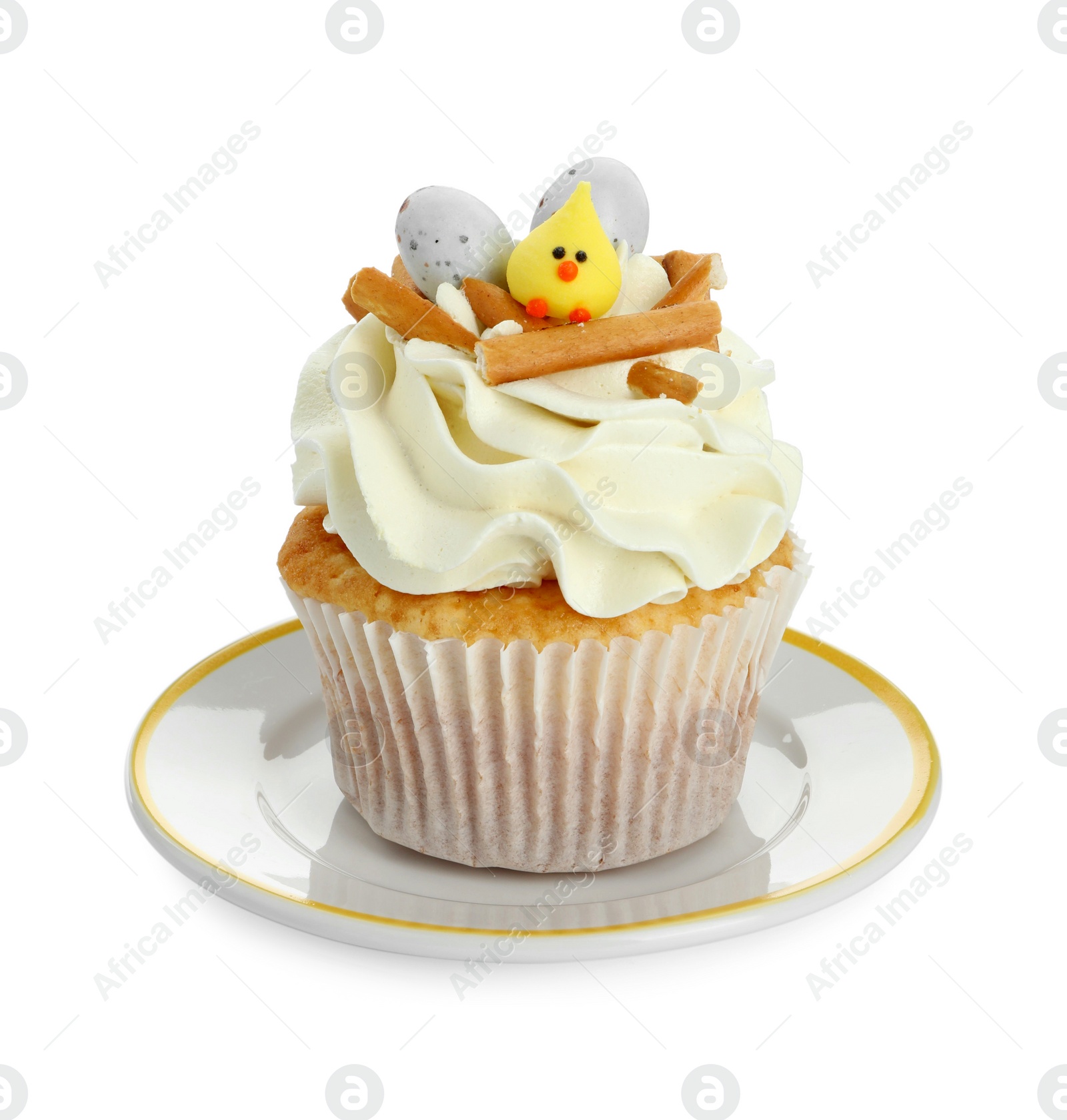 Photo of Tasty Easter cupcake with vanilla cream isolated on white