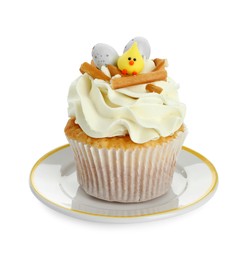 Tasty Easter cupcake with vanilla cream isolated on white