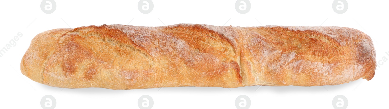 Photo of Crispy French baguette isolated on white. Fresh bread