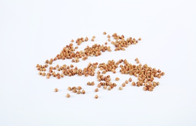 Uncooked buckwheat on white background. Healthy diet