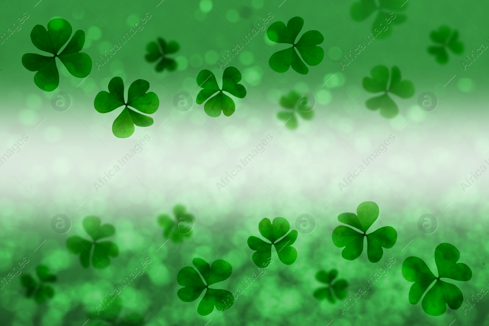 Image of St. Patrick's Day greeting card design with clover leaves, bokeh effect