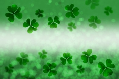 St. Patrick's Day greeting card design with clover leaves, bokeh effect