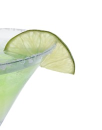 Delicious Margarita cocktail in glass and lime isolated on white