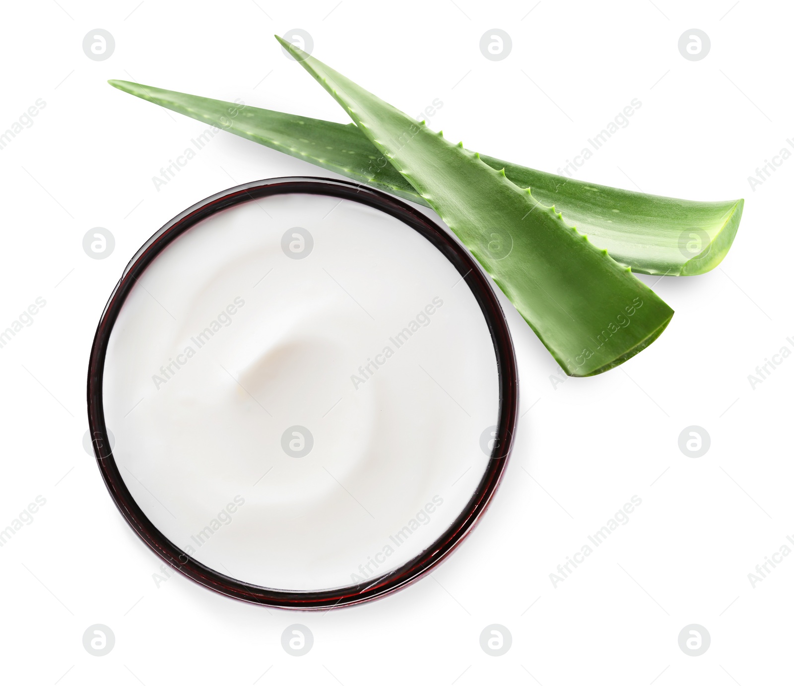 Image of Moisturizing cream with extract of aloe vera. Jar and green aloe leaves on white background