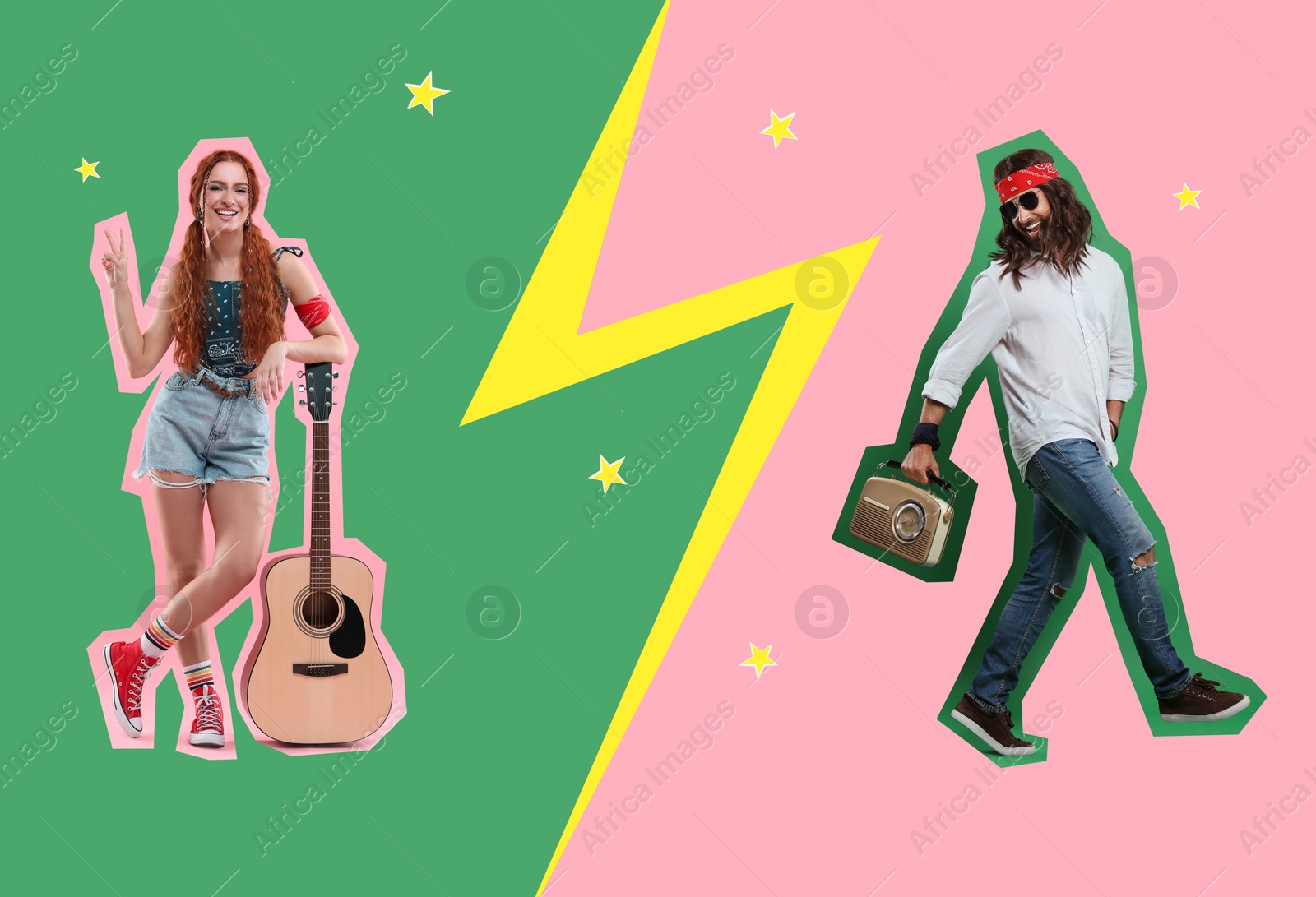 Image of Pop art poster. Hippie man and woman on bright comic style background