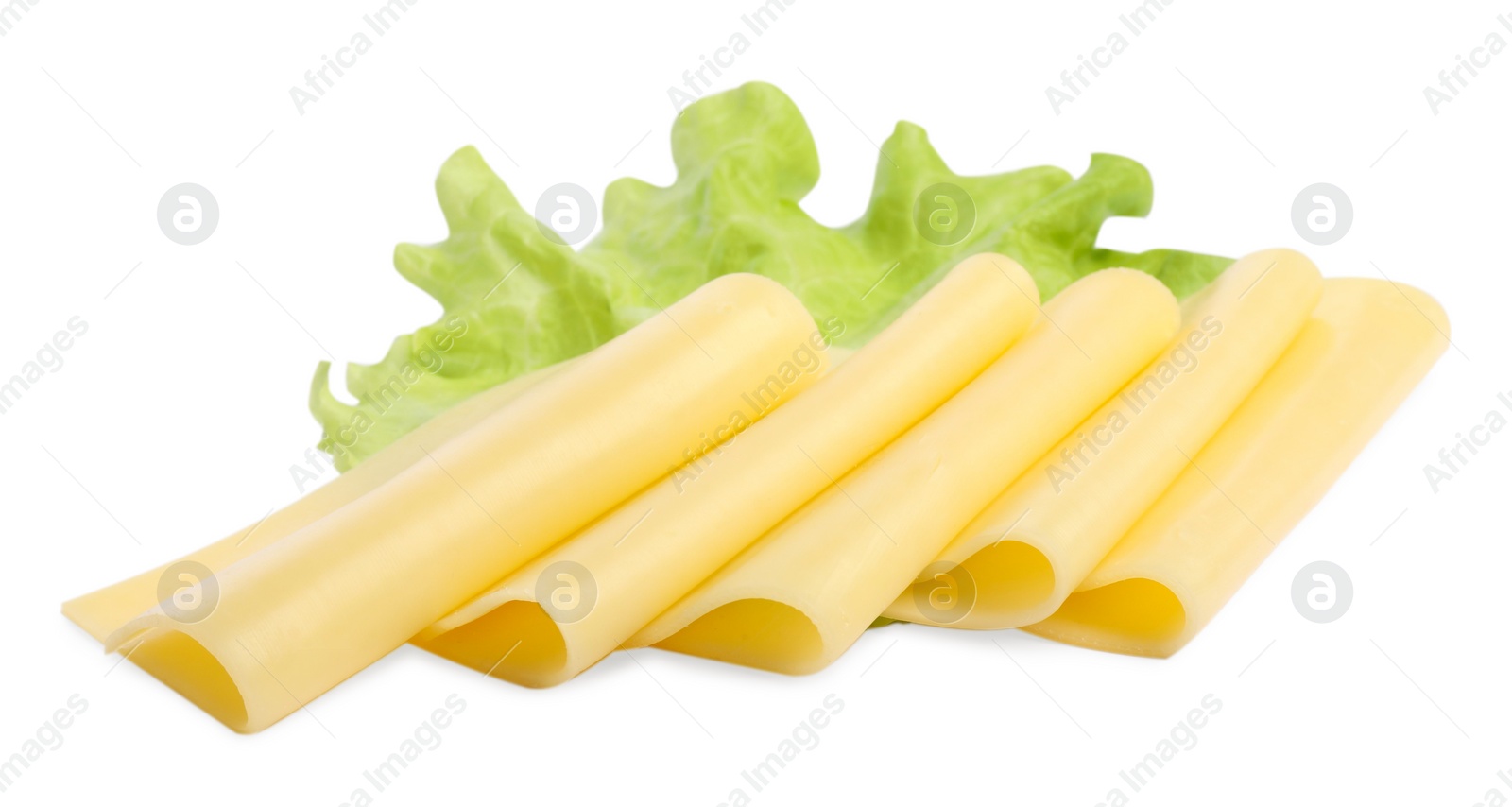 Photo of Slices of tasty fresh cheese and lettuce isolated on white