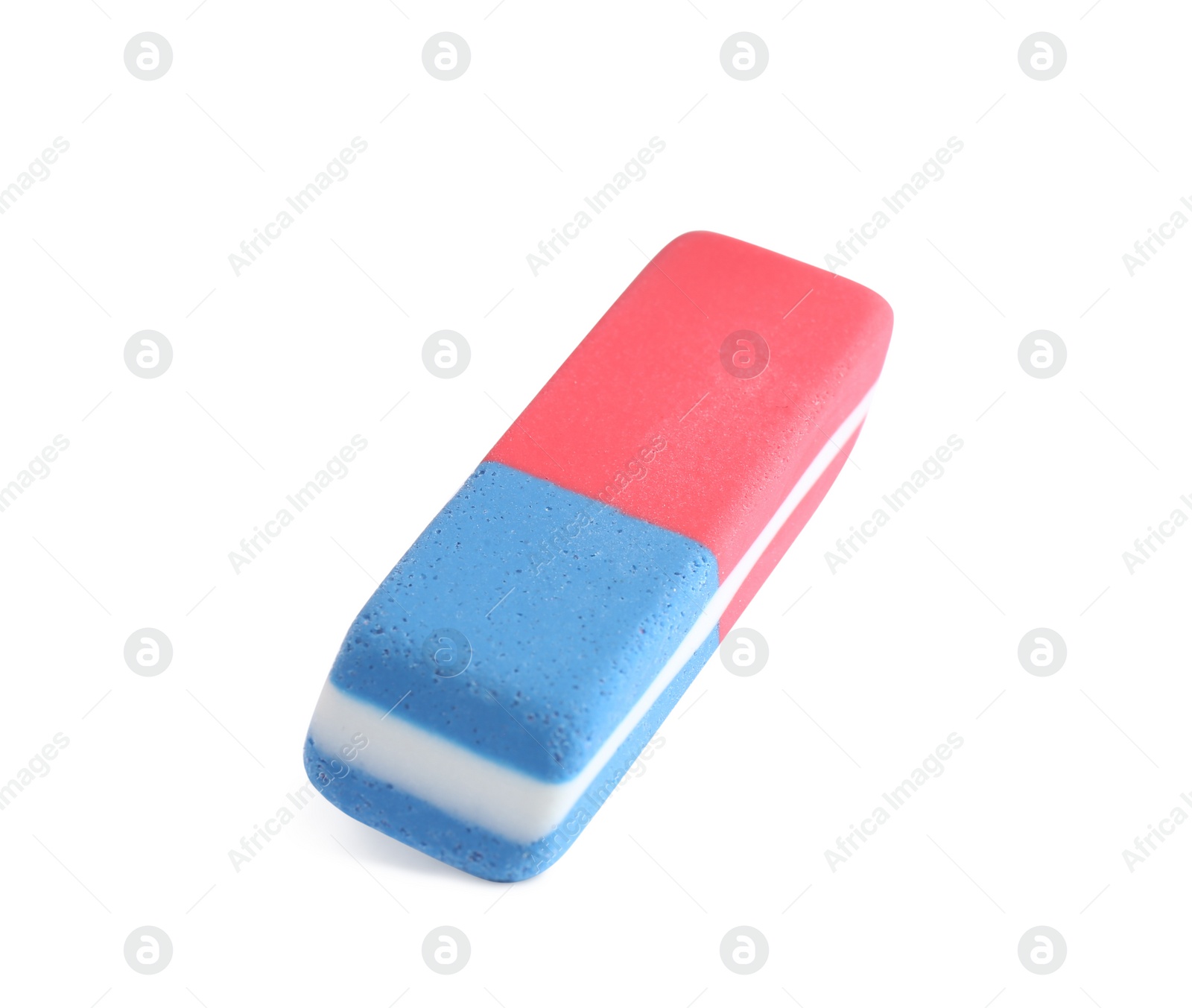 Photo of New double eraser isolated on white. School stationery