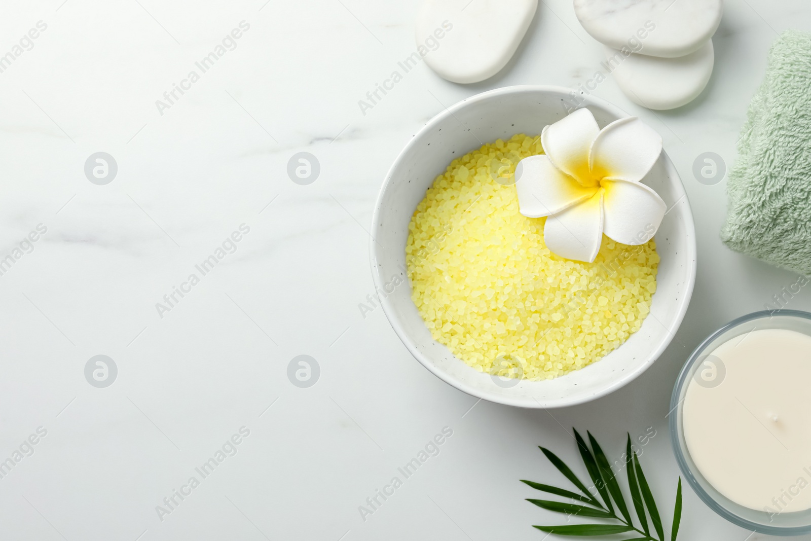 Photo of Flat lay composition with different spa products on white marble table. Space for text