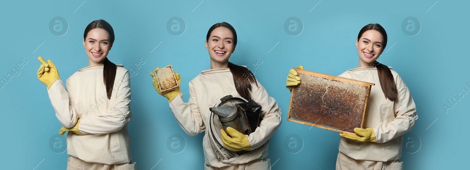Image of Collage with photos of beekeeper in uniform holding frame with honeycomb and different tools on turquoise background. Banner design