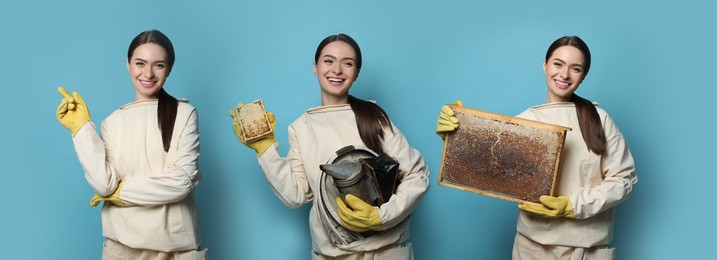 Image of Collage with photos of beekeeper in uniform holding frame with honeycomb and different tools on turquoise background. Banner design