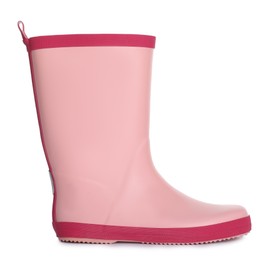Photo of Modern pink rubber boot isolated on white