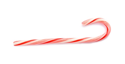 Photo of Tasty candy cane on white background. Festive treat