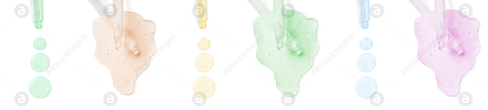Image of Droppers with serum on white background, top view. Skin care product