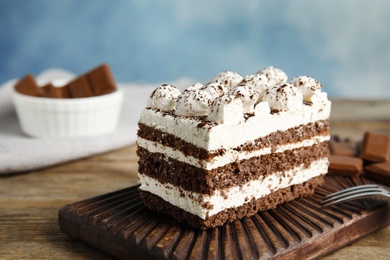 Photo of Tiramisu cake on table, space for text